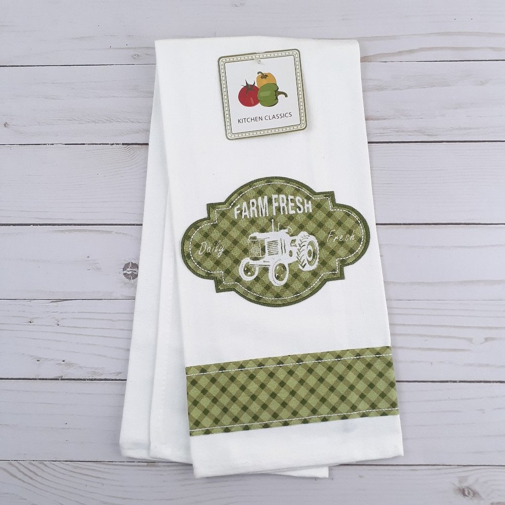 Kitchen Tea Towel Tractor Farm Fresh Green Plaid Band